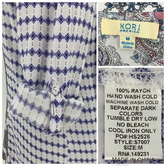 Kori Paisley Accent Boho Rolled Sleeve Button Down V-Neck Blouse, Medium - Picture 16 of 16